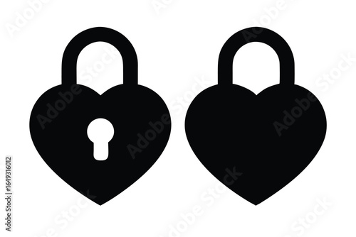 Minimalist black silhouette icons of locked and unlocked heart-shaped padlocks symbolizing love, secrets, and commitment, isolated on white.