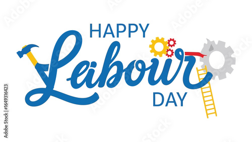 Happy Labor Day: A vibrant graphic design celebrates Labor Day with colorful typography, gears, and tools to honor the hard work and dedication of laborers around the globe.