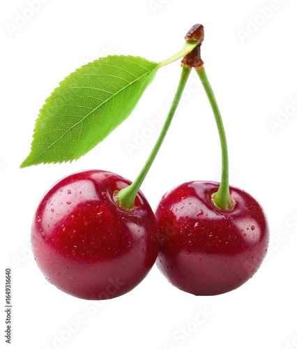 two ripe cherries with leaf, isolated on transparent background.
