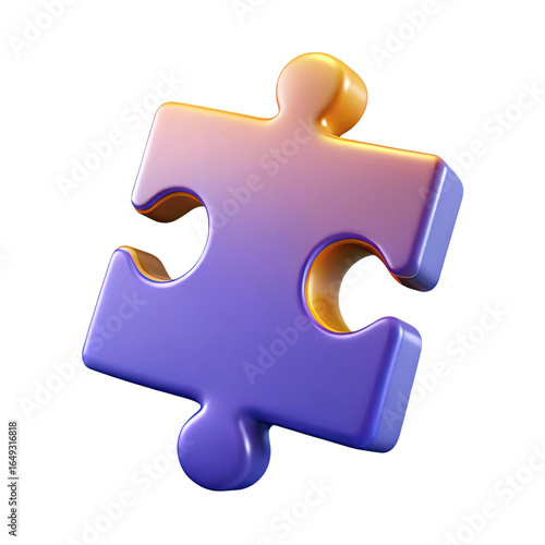 A single colorful 3d rendered puzzle piece with a gradient of purple to orange isolated on transparent background