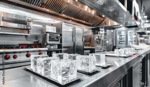 Sleek commercial kitchen with ice cubes