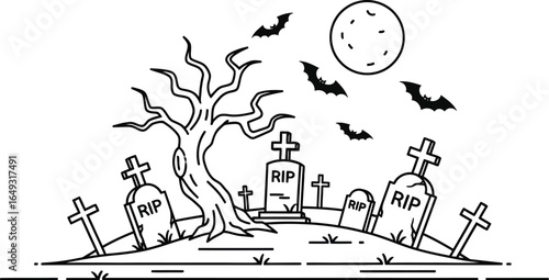 Halloween graveyard scene with tombstones, bats, and a spooky tree