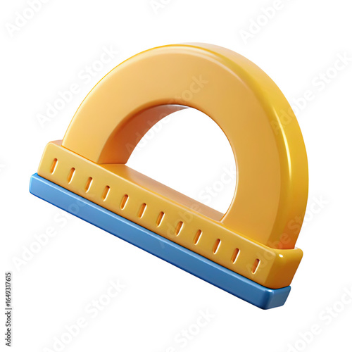 Bright yellow and blue semicircular drawing tool with ruler markings isolated on transparent background