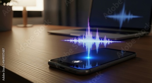 3D Blue Glowing Sound Wave: Smartphone to Laptop Audio Visualization