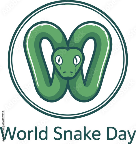 World Snake Day vector illustration with green snake forming letter W in a circle