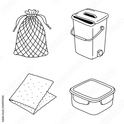 Line icons of waste management items including bags and containers  