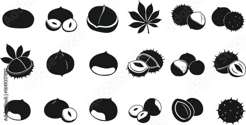 Chestnut nut icons set, black silhouette vector graphic illustration for food design