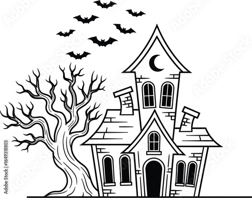 Spooky haunted house with bats and a bare tree on white background