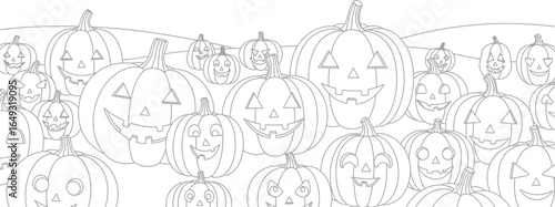 Halloween Pumpkins with Carved Faces on a Hill, Coloring Page Style