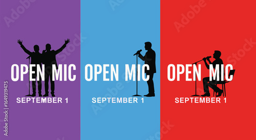 Colorful open mic event poster with singer silhouettes and performance date illustration