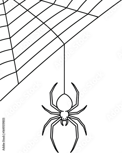 Spider Hanging on Web, Halloween Decoration on Plain Background