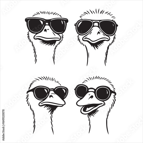 Cartoon ostrich head illustration set with sunglasses and varied expressions — ideal for humorous animal vector graphics, quirky character design