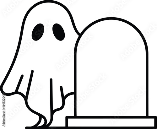 Minimalist ghost hiding behind a tombstone on plain background