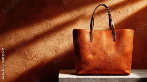 Tan leather tote bag on a light gray surface against a textured orange wall with sunbeams
