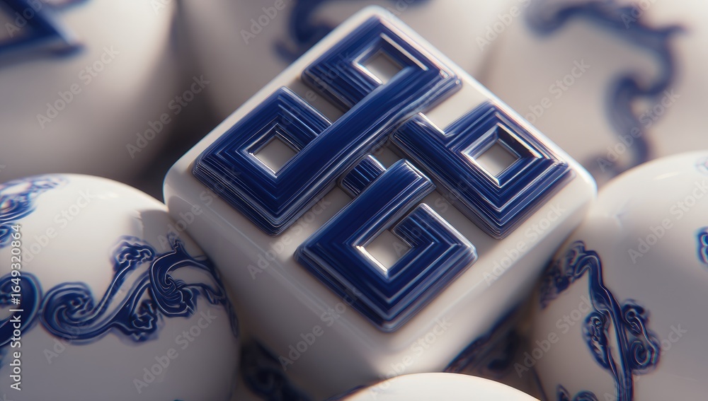 White cube with intricate blue design, surrounded by similar spheres