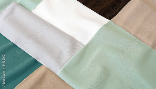Patchwork fabric textile pastel green beige brown white soft cozy close up