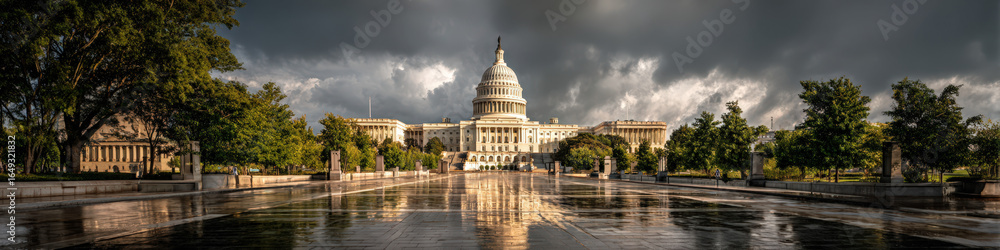 Fototapeta premium Dramatic cloudy sky over capitol building washington d.C. Scenic photography urban landscape panoramic view government symbolism