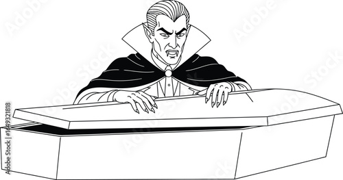 Vampire in coffin with cape, fangs, and long fingernails on white