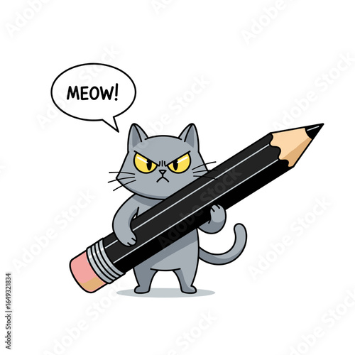 An angry gray cat holding a large black pencil with an eraser and speaking the word meow