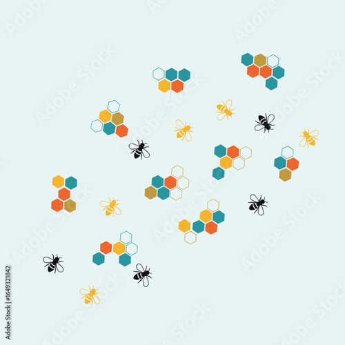 Adorable tiny honeycomb cells and cute buzzing bees scattered across a pale blue background