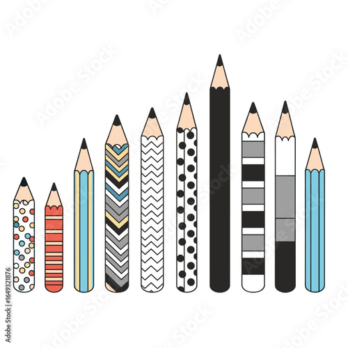 Creative collection of decorative pencils with unique artistic patterns and designs for drawing and writing