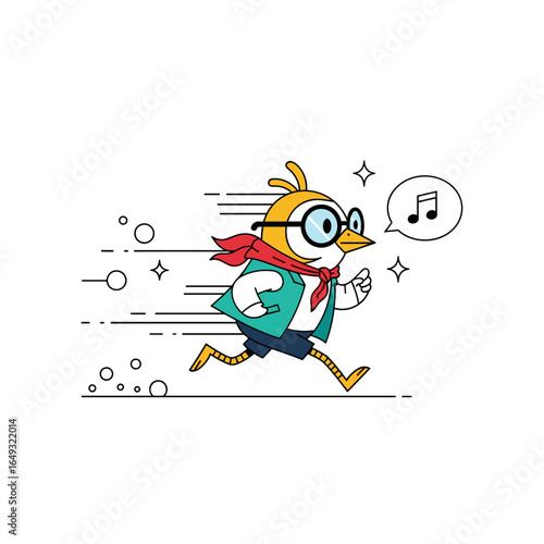 A joyful cartoon chicken wearing glasses and a scarf running swiftly