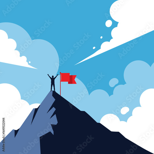 A lone climber stands victorious at the summit achieving their ambitious goals with arms raised high under a cloudy blue sky