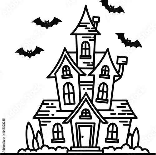 Spooky haunted house with bats flying on white background, outline
