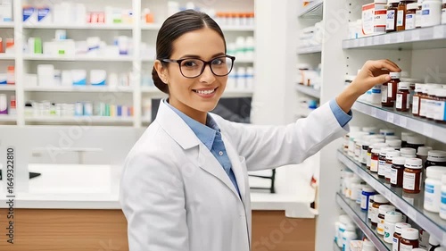 Female pharmacist reaching for medicine bottle in pharmacy smiling professional healthcare