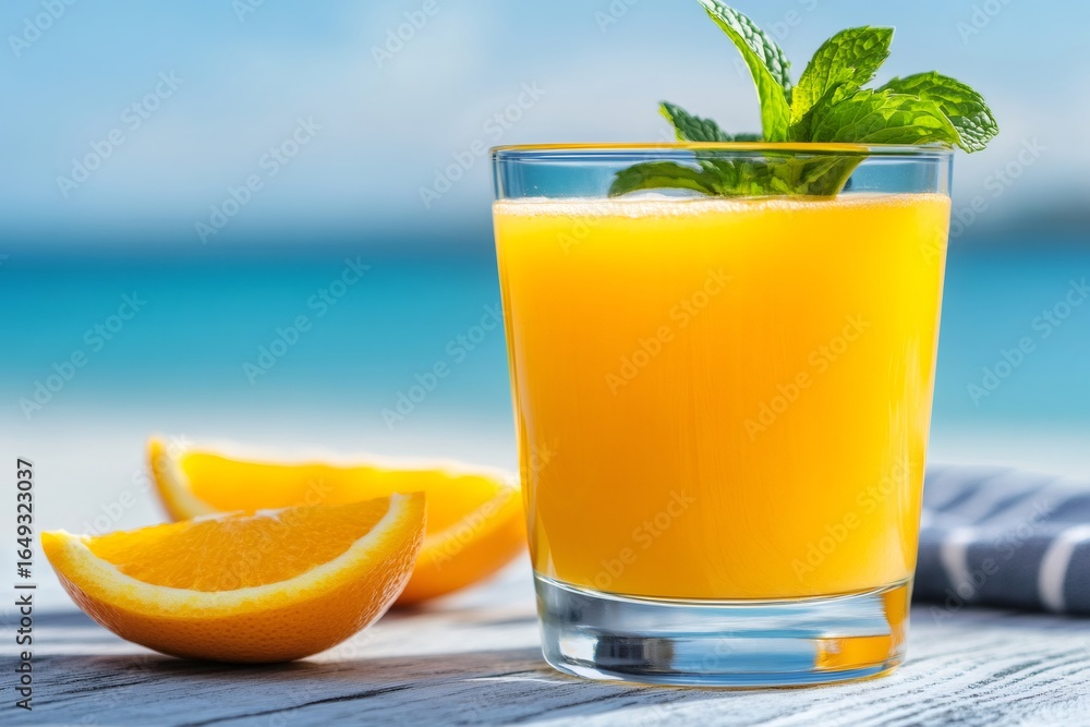 Fototapeta premium Refreshing orange juice with mint on beach table