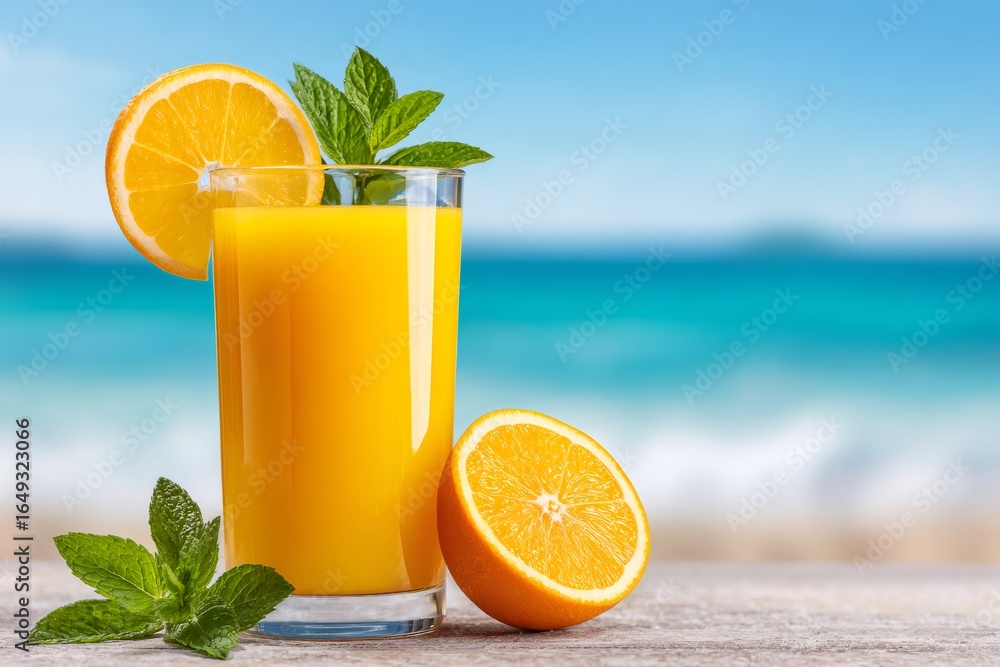 Refreshing orange juice with mint on a tropical beach Refreshing orange juice with mint on a tropical beach
