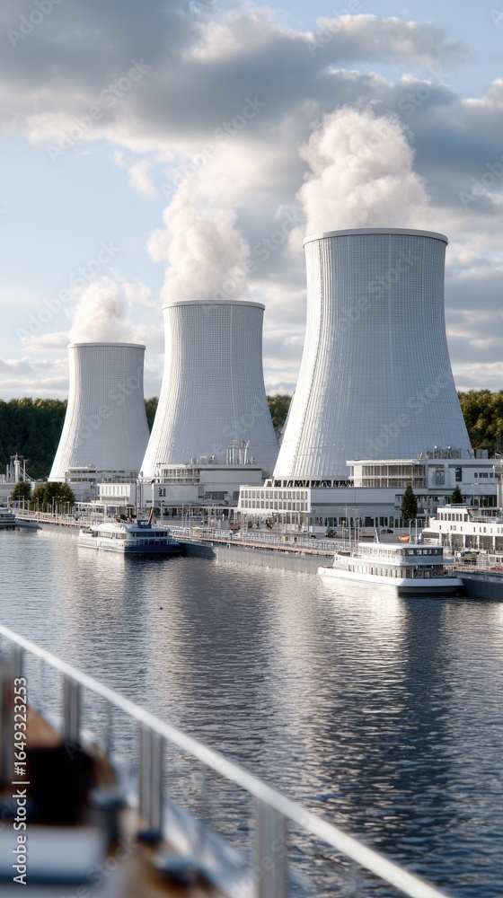 Obraz premium Modern nuclear power plant towers with steam rise behind an electric ship on calm water, illuminated by evening light and clouds