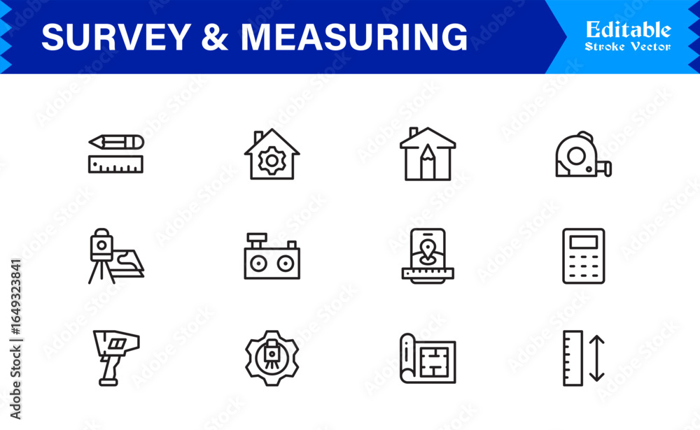 Fototapeta premium Survey And Measuring Line Icon Set – Professional Minimal Data Analysis Symbols, Research Metrics Line Icon Collection