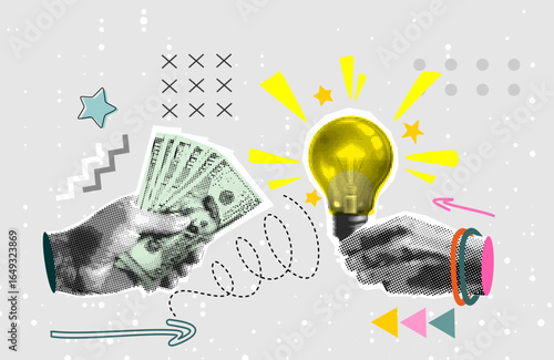 Trendy halftone collage banner template. Cut out hand holding light bulb and Hand holds dollar money, Buy idea, investing in innovation. Crowdfunding Concept Investment into Idea or Business Startup
