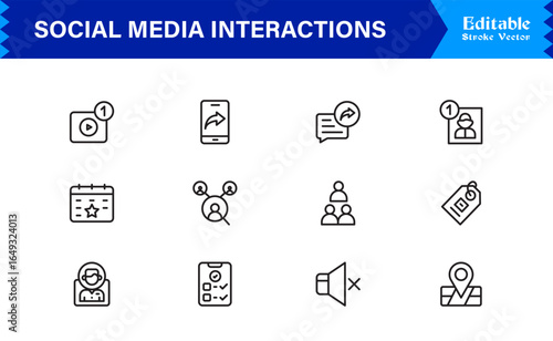 Social Media Interactions line icon set featuring clean, pixel-perfect symbols. Includes professional, modern, and minimal designs tailored to digital engagement themes.