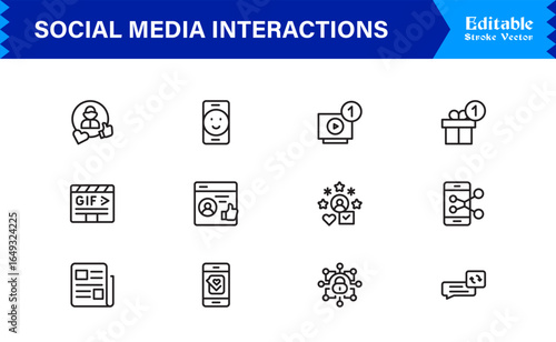 Social Media Interactions line icon set featuring clean, pixel-perfect symbols. Includes professional, modern, and minimal designs tailored to digital engagement themes.