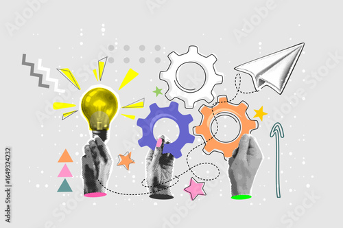 Teamwork concept. Modern collage with halftone hands holding light bulb, gears and flying paper plane. Business solution concept. Innovation and optimization. Big idea and start up. Technical support