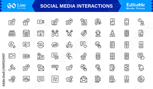 Social Media Interactions line icon set featuring clean, pixel-perfect symbols. Includes professional, modern, and minimal designs tailored to digital engagement themes.