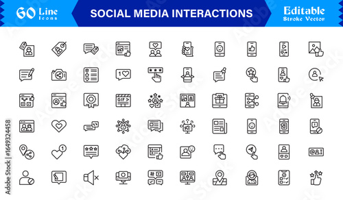 Social Media Interactions line icon set featuring clean, pixel-perfect symbols. Includes professional, modern, and minimal designs tailored to digital engagement themes.
