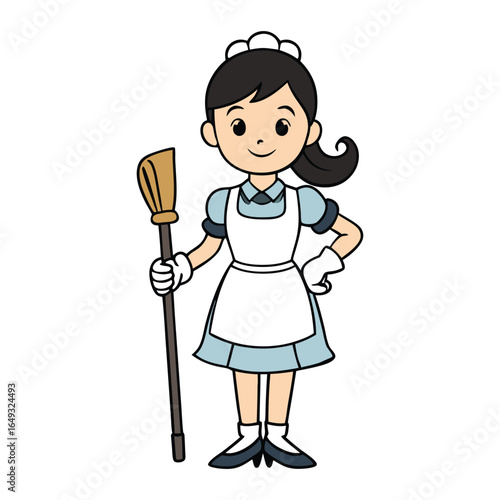 A clean, modern logo icon of a maid holding a broom, symbolizing cleanliness, home care, and professional housekeeping services in a simple, recognizable design.

