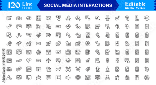 Social Media Interactions line icon set featuring clean, pixel-perfect symbols. Includes professional, modern, and minimal designs tailored to digital engagement themes.