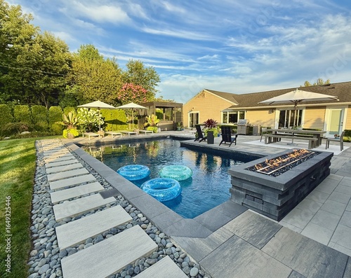 Beautiful, luxury, modern backyard lounge area. Umbrella, sofa, lounge chairs table poolside. Hotel resort feel. Seating and tanning sundeck by gray stone pavers. Fire pit and waterfall. High end. 
