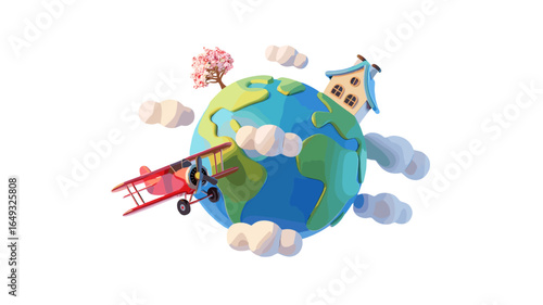 A whimsical illustration of the globe with a plane and a house.