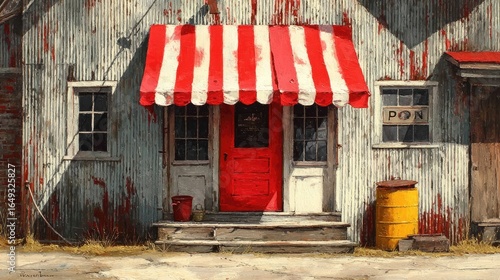 Rustic storefront with red awning