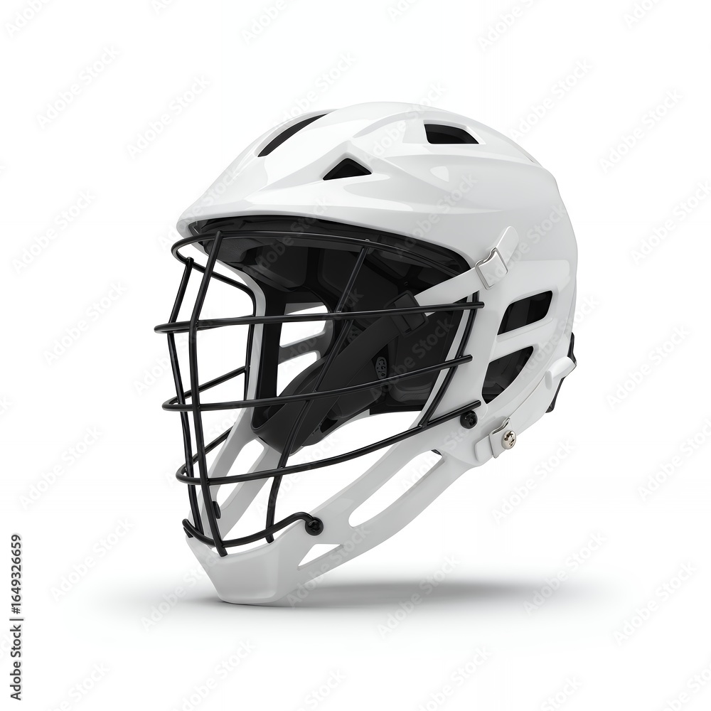 Fototapeta premium White lacrosse helmet with black metal face cage and aerodynamic vents for professional sports head protection equipment
