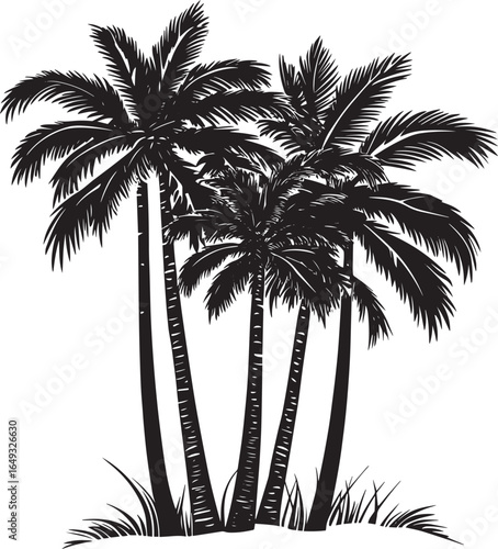 Cluster of Palm Trees A collection of palm trees gathered together, featuring trunks leaning in different directions and topped with vibrant fronds. Full-length silhouette black vector illustration.