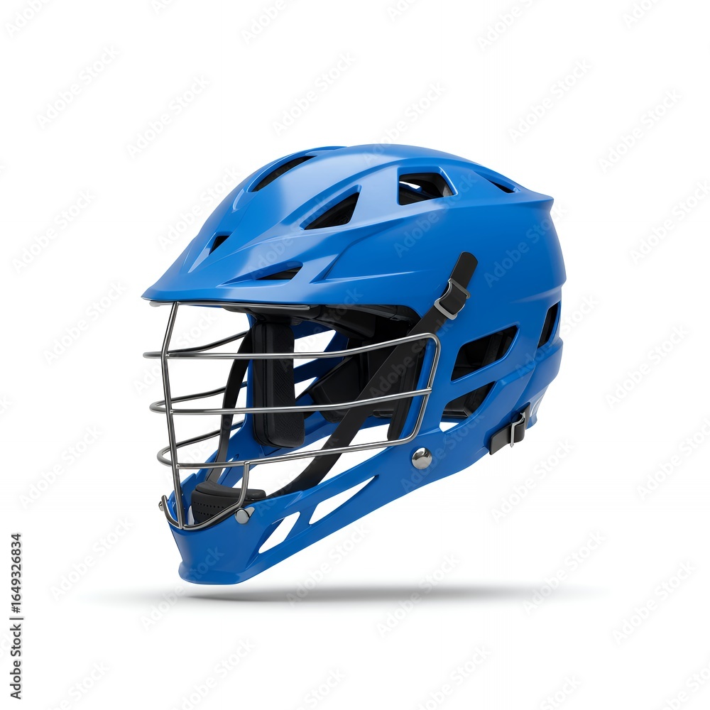 Fototapeta premium Blue lacrosse goalkeeper helmet with protective face cage and ventilation ports isolated on white background for athletic equipment marketing