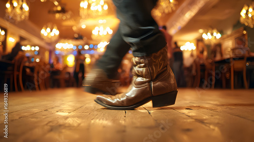 Boots dance on wooden floor during lively country night event in a bustling venue filled with friends and laughter