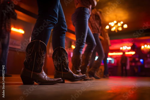 Boots tap rhythmically on the wooden floor during a country dance event at a lively venue in the evening, showcasing joyful interaction and community spirit