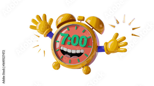 A vibrant cartoon image of an alarm clock smiling at 7:00.